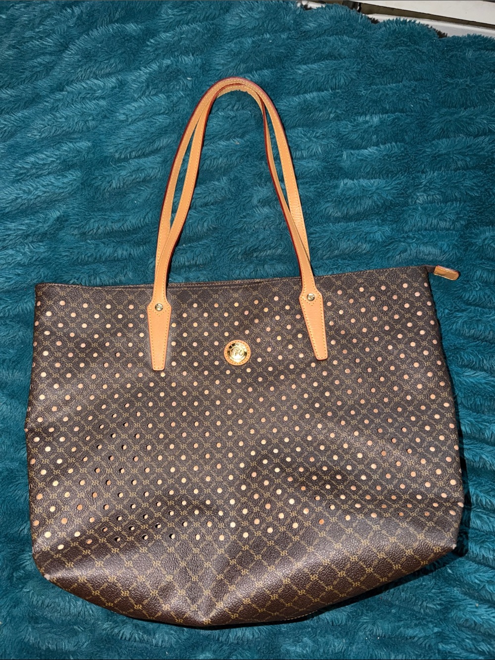 Rioni Brown Patterned Tote Bag with Tan Handles
